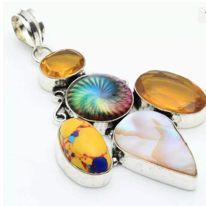 Semiprecious Stones, Mother Of Pearl & Sterling Silver Handcrafted Pendant 2.5”